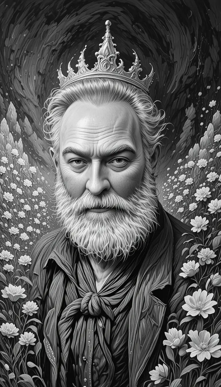 Portrait mélancolique d’un vieux roi en dessin noir et blanc