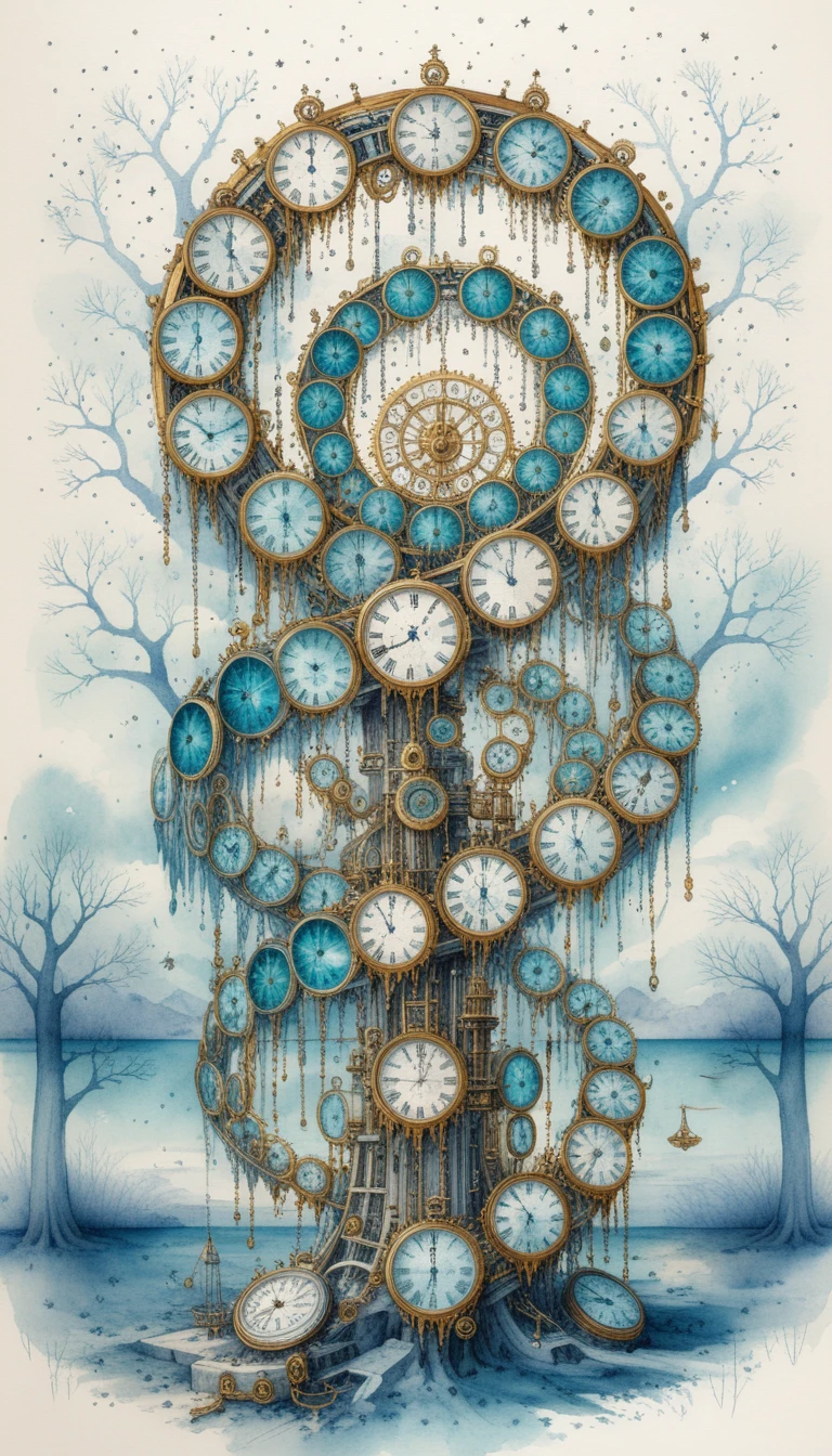 Máquina do tempo steampunk surreal com fundo cósmico em aquarela