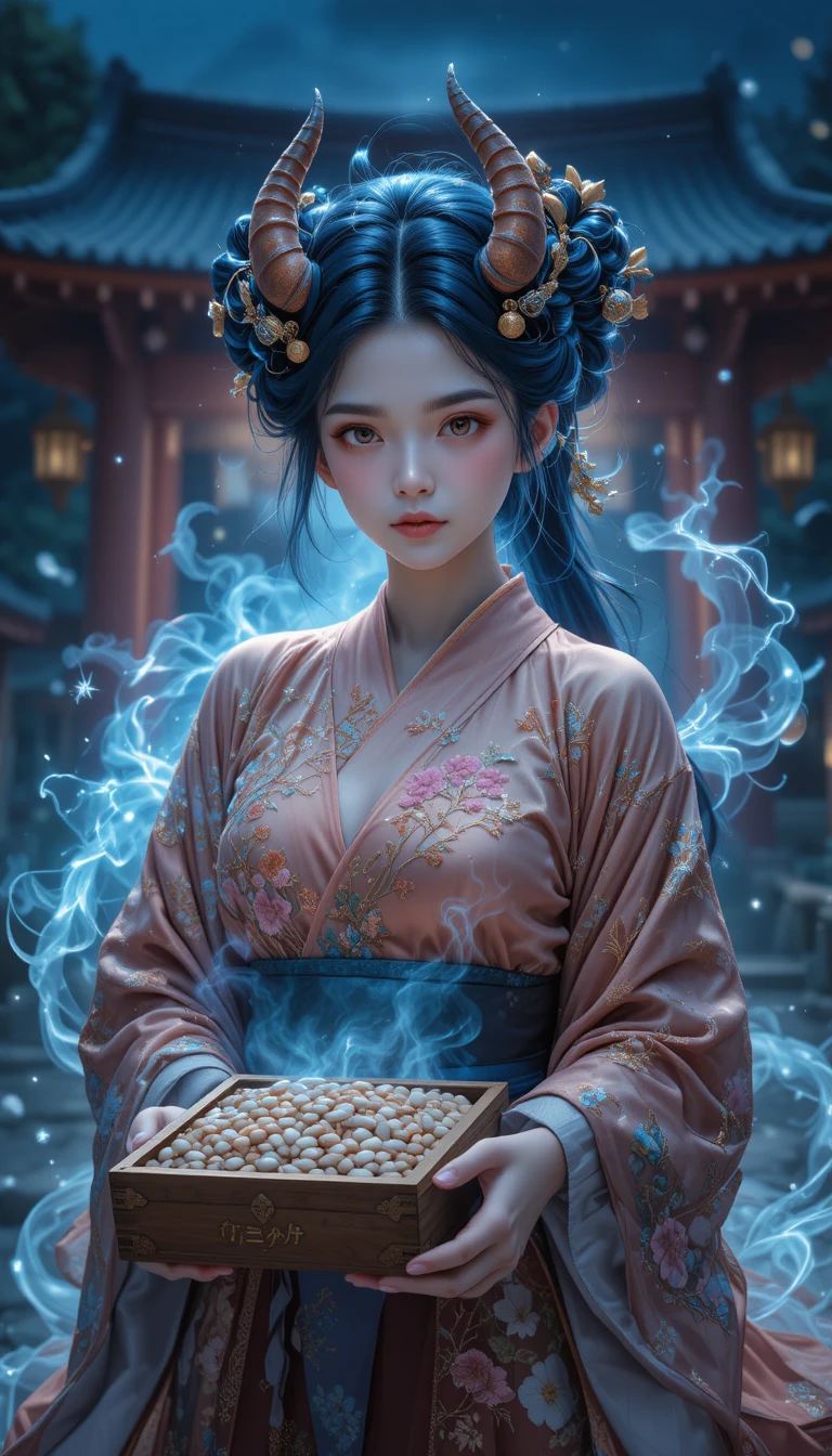 Chica demonio con kimono en un santuario nocturno brillante