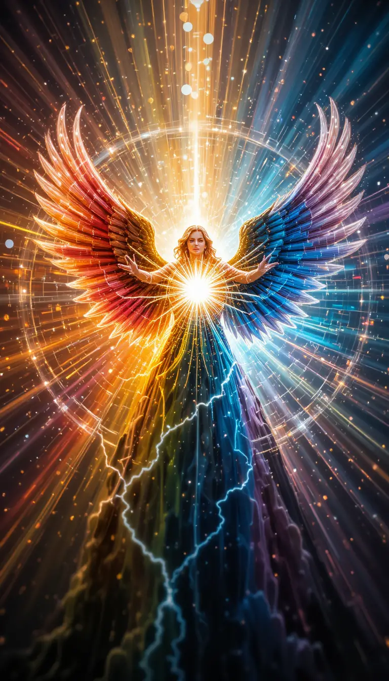 Esfera angelical multicolorida explodindo em filamentos de luz radiante