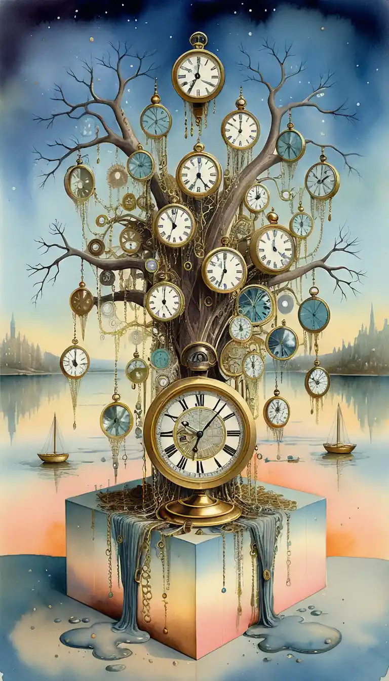 Machine à voyager dans le temps steampunk surréaliste avec fond cosmique en aquarelle
