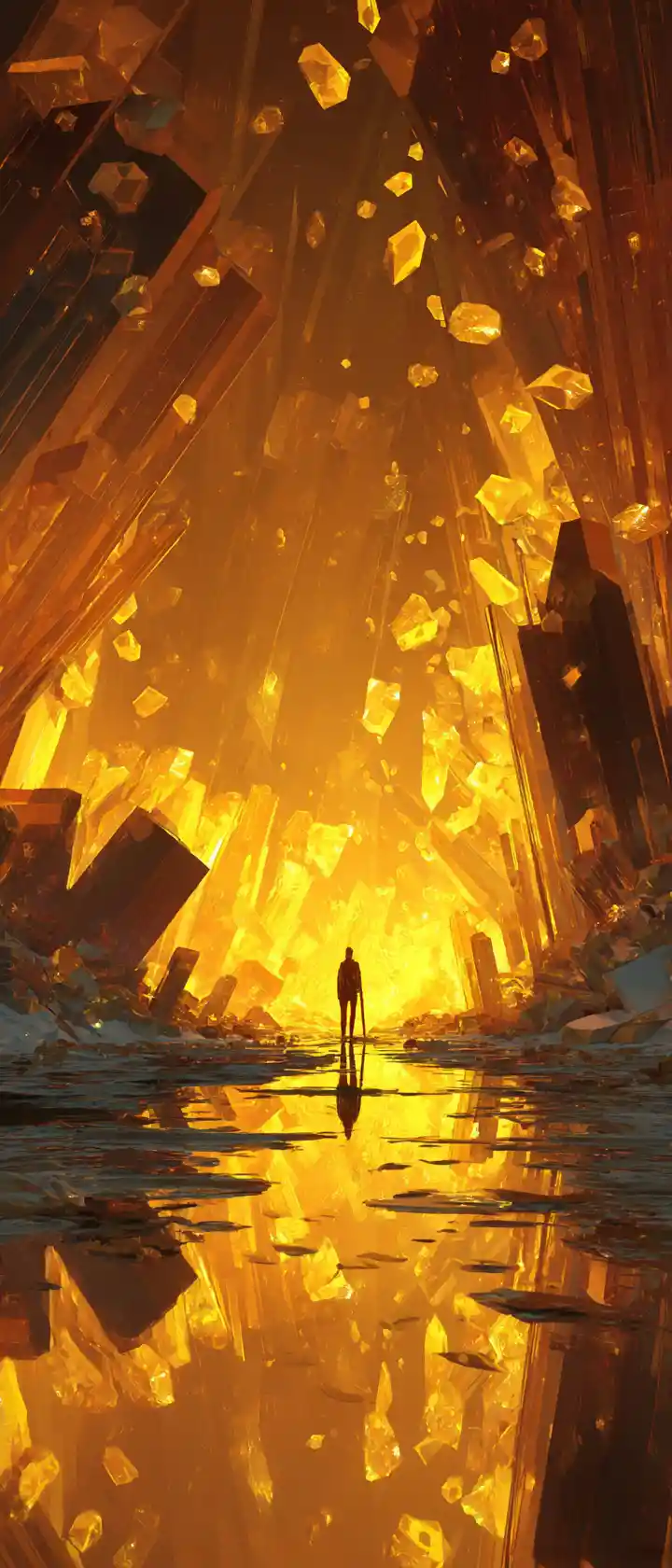 Warrior In A Crystal Cave Touching Glowing Golden Crystals