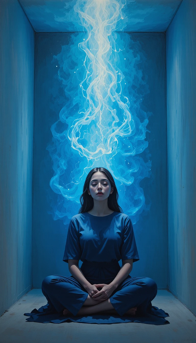 跪著的女孩在發光的靈性身影前祈禱