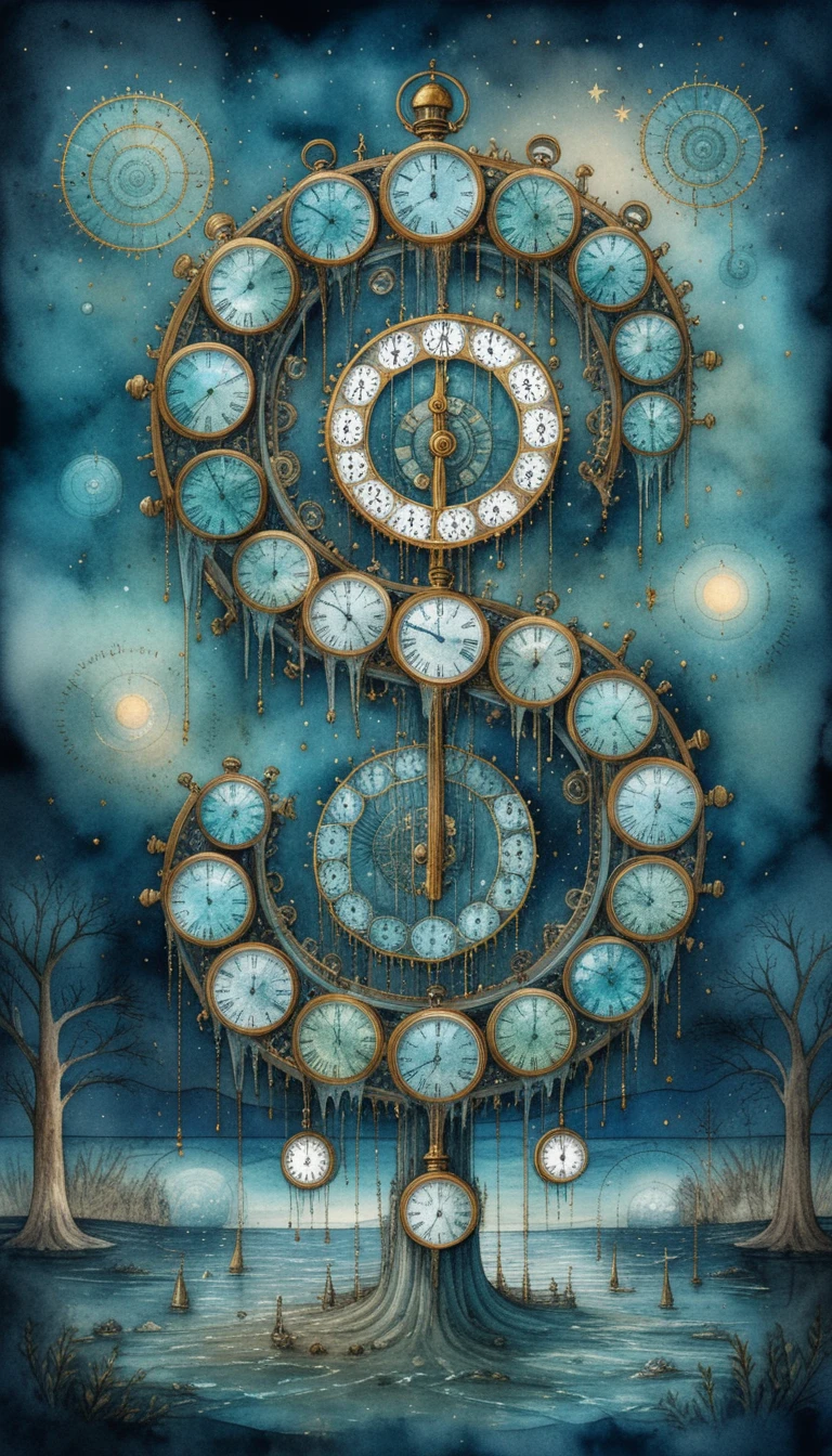 Máquina do tempo steampunk surreal com olho cósmico brilhante