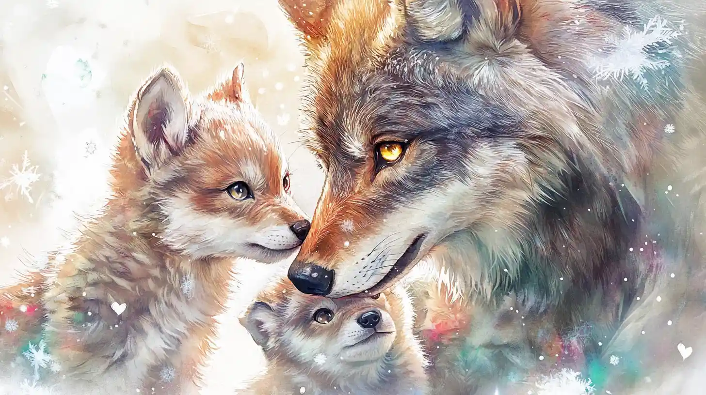 Lobos em aquarela aconchegando delicadamente seus filhotes fofos