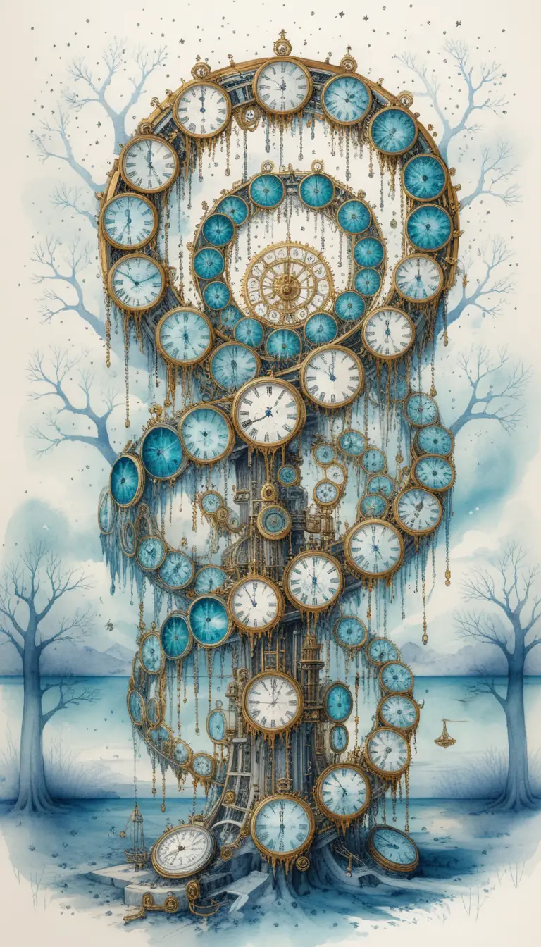 Máquina do tempo steampunk surreal com fundo cósmico em aquarela
