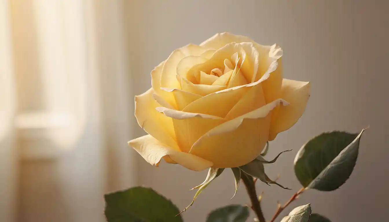 Rose jaune dans la douce lumière du matin avec mise au point douce