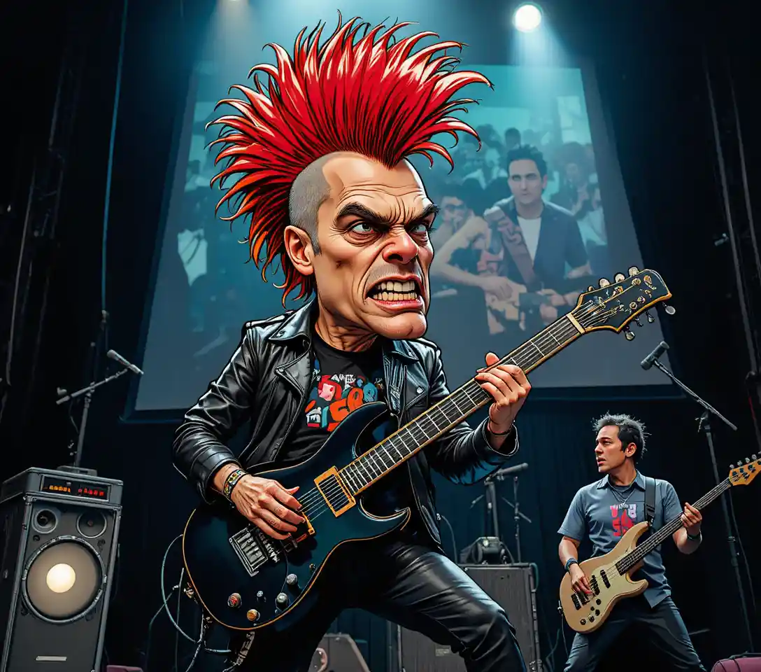 Foca chitarrista punk che rockeggia su un palco buio