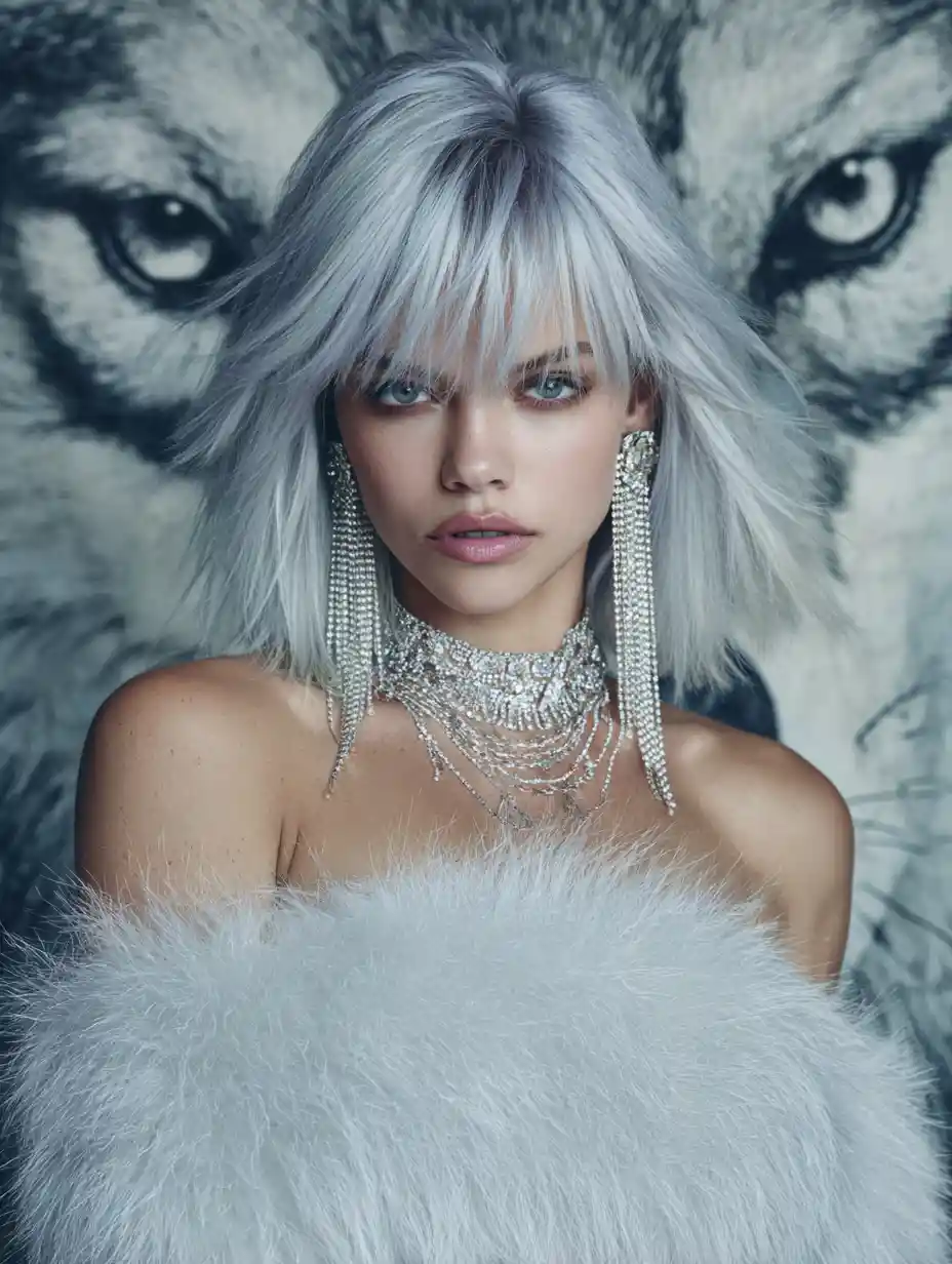 Furchtlose Frau mit wolfsinspiriertem Haar und Diamantschmuck