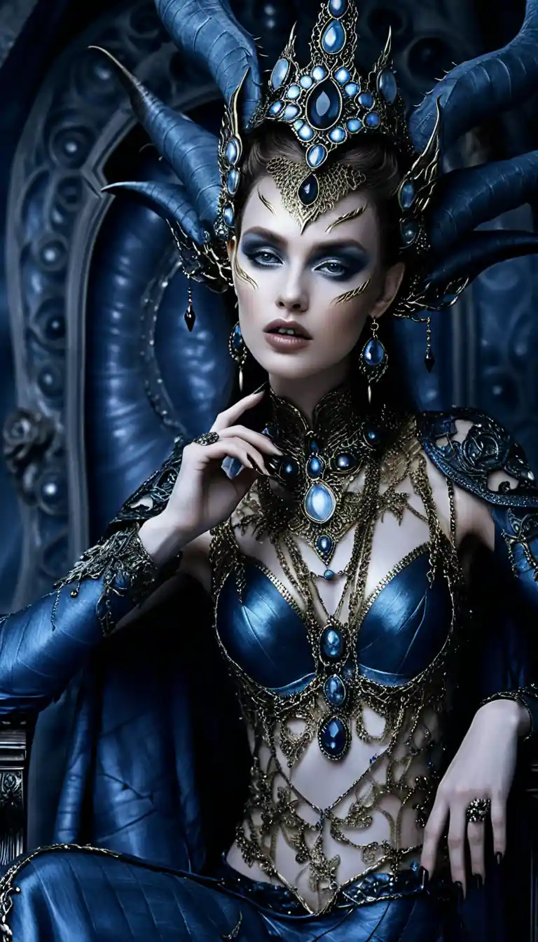 Rainha demoníaca em trono barroco com coroa de dragão com chifres