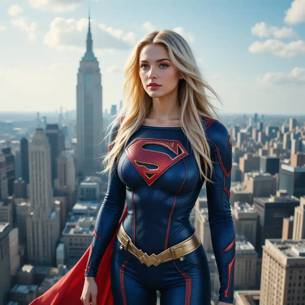 Blonde superhero woman overlooking the city skyline