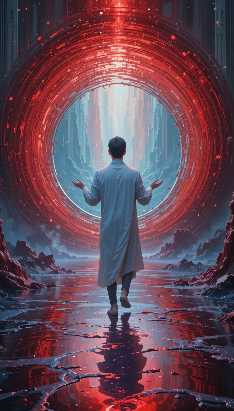 Mentore spirituale a occhi chiusi davanti a un portale rosso luminoso