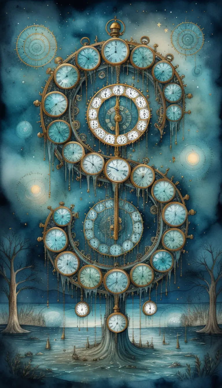 Máquina do tempo steampunk surreal com olho cósmico brilhante