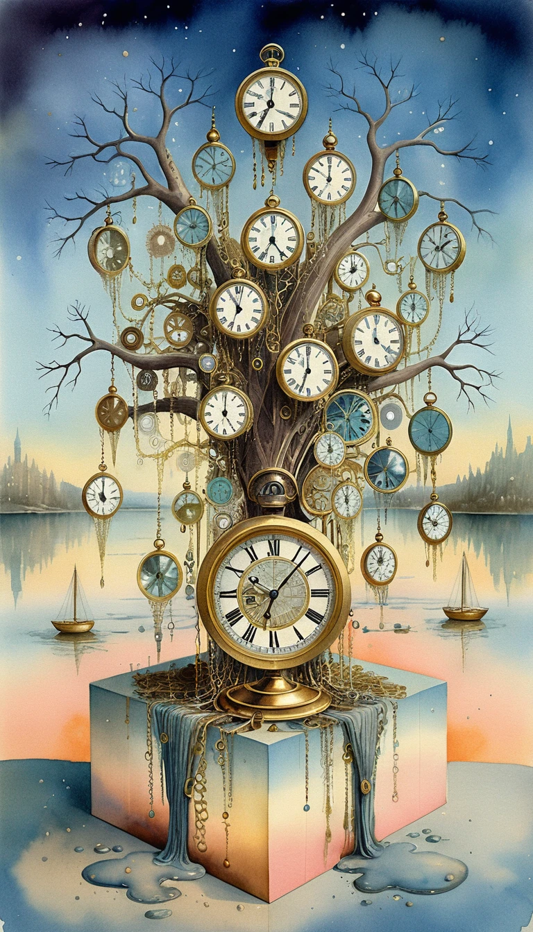 Máquina do tempo steampunk surreal com fundo cósmico em aquarela