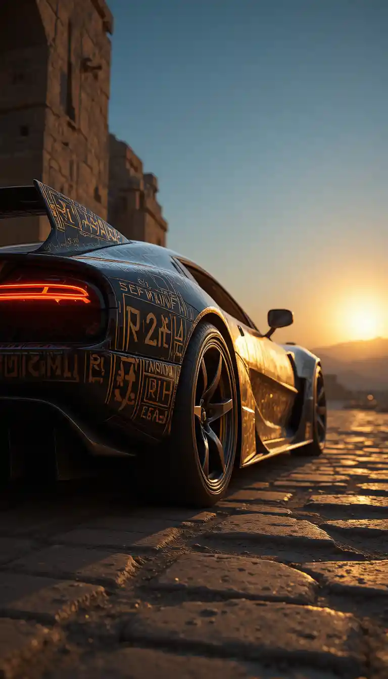 Voiture de sport égyptienne futuriste dans l'éclat doré du coucher de soleil