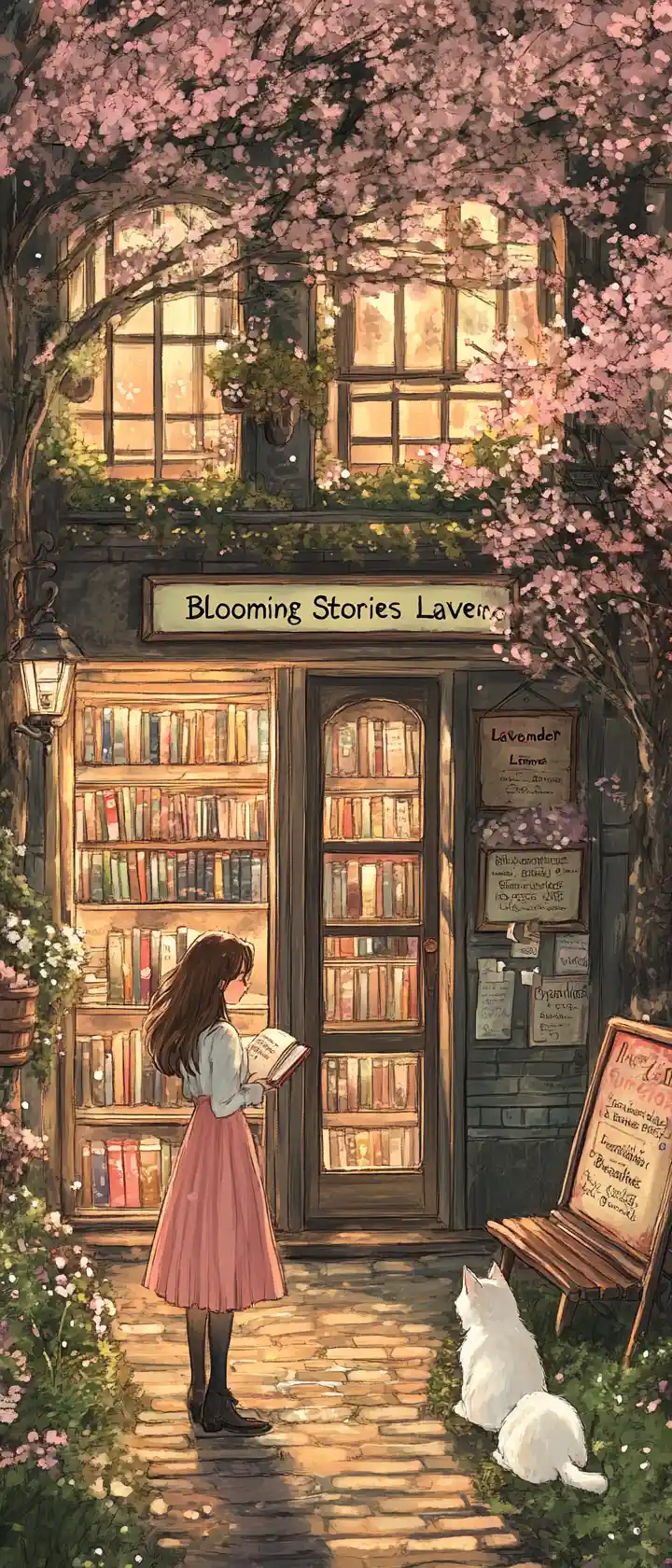 Accogliente libreria ad acquerello in una via fiorita illuminata da lanterne