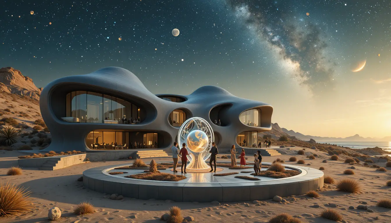 Villa moderna nel deserto con pareti di vetro e dettagli LED