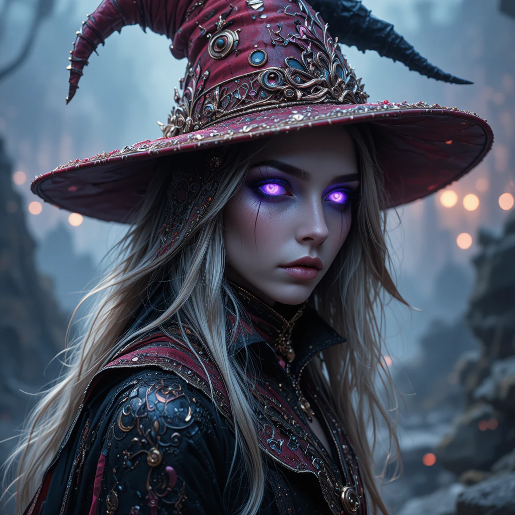 Retrato místico de bruxo com olhos roxos brilhantes e chapéu ushanka