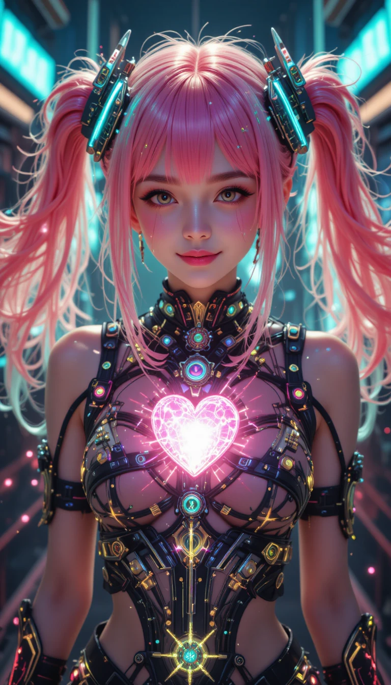 Fille d’anime cyberpunk aux cheveux rose néon et circuits