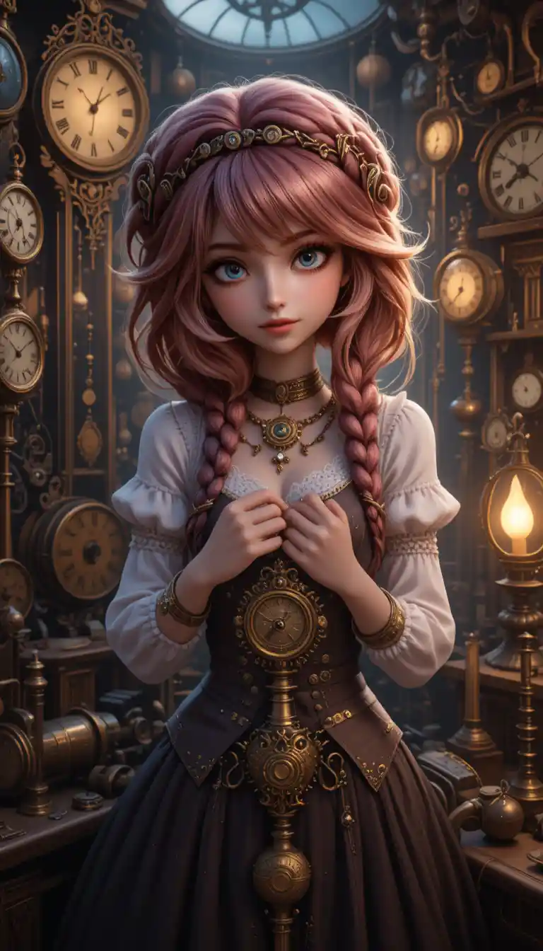 Steampunk woman repairing clockwork in a Victorian shop