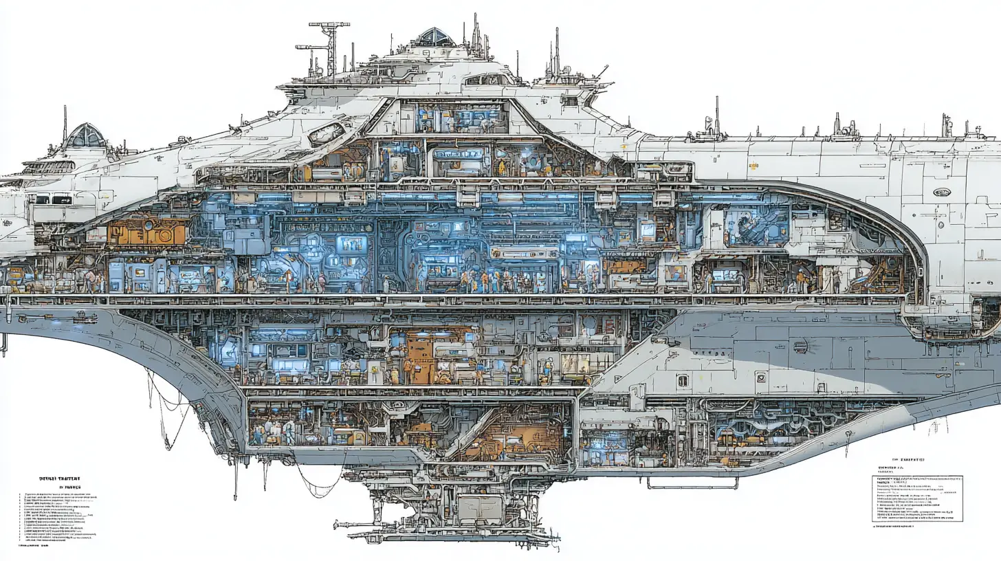 Coupe détaillée de l’intérieur d’un gigantesque vaisseau spatial futuriste
