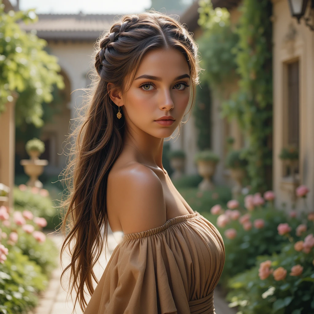 Femme romaine en robe fluide dans la cour d’un domaine