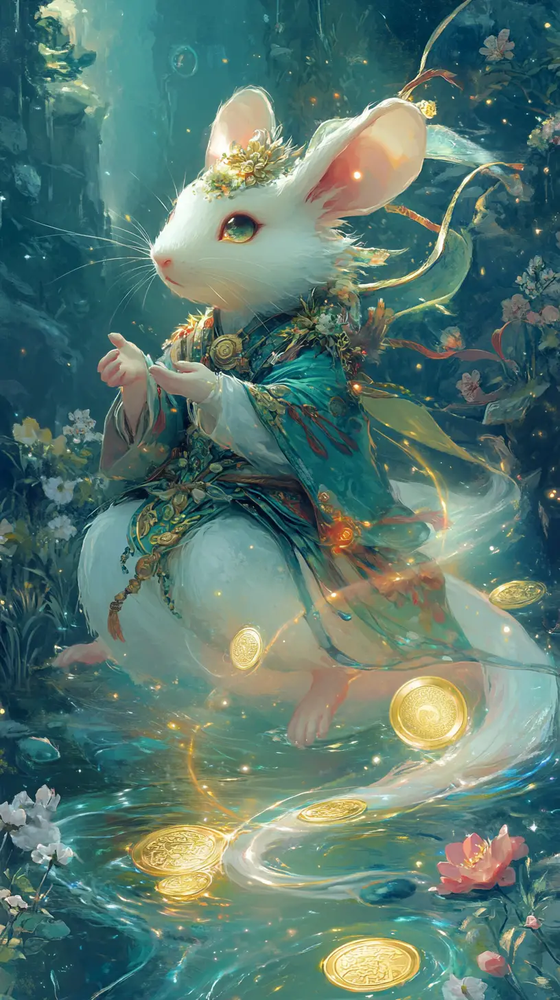 Anthropomorphic mouse riding a misty qilin over glowing river