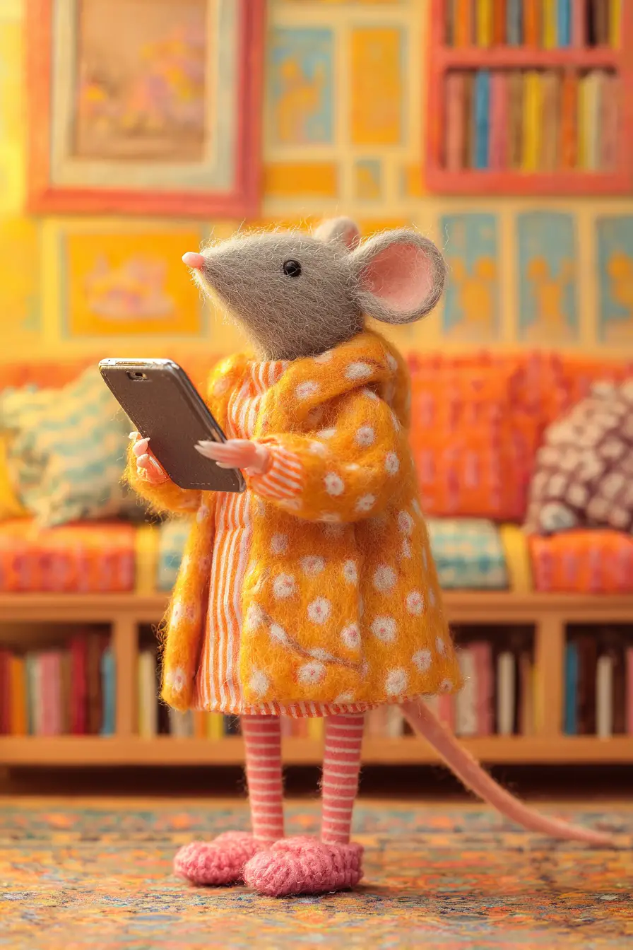 Nadelgefilzte Maus, die Mode auf einem Tablet shoppt