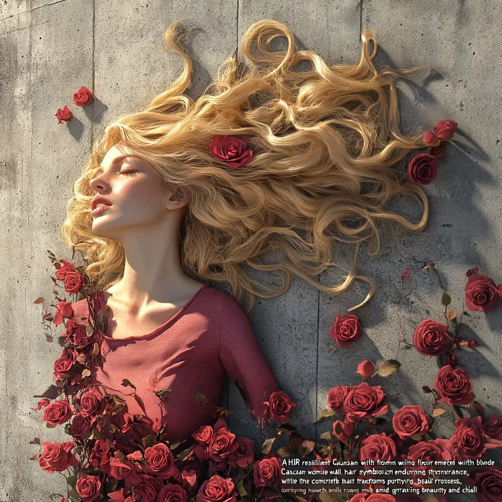 Donna resiliente che emerge dal cemento tra rose in fiore