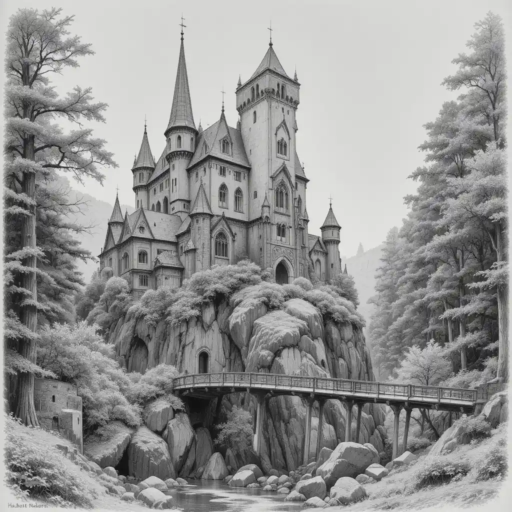Château gothique en pierre au‑dessus d’un ruisseau et d’un pont forestier