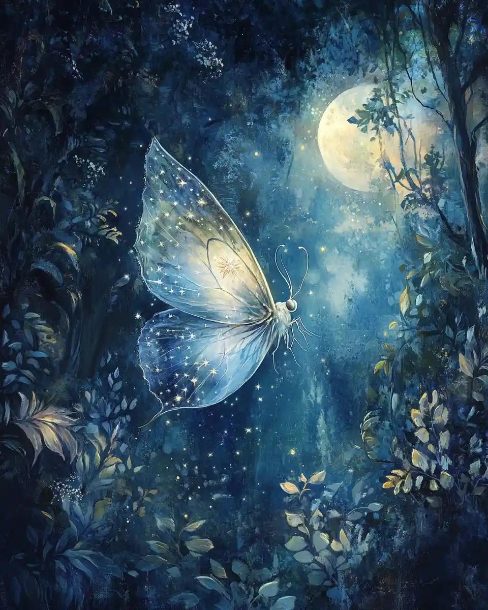 Espírito radiante de mariposa lunar dançando na floresta encantada