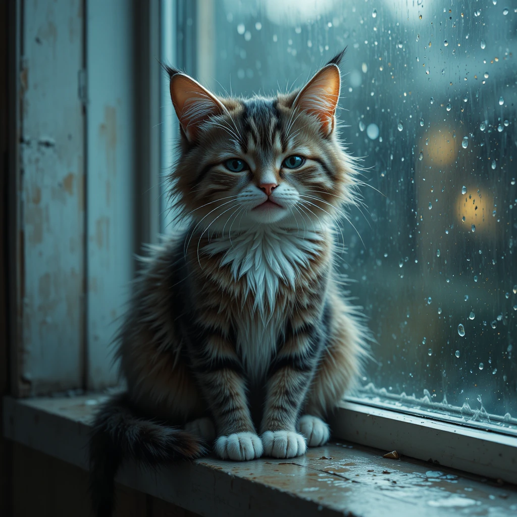 Gato triste na janela chuvosa com reflexos suaves