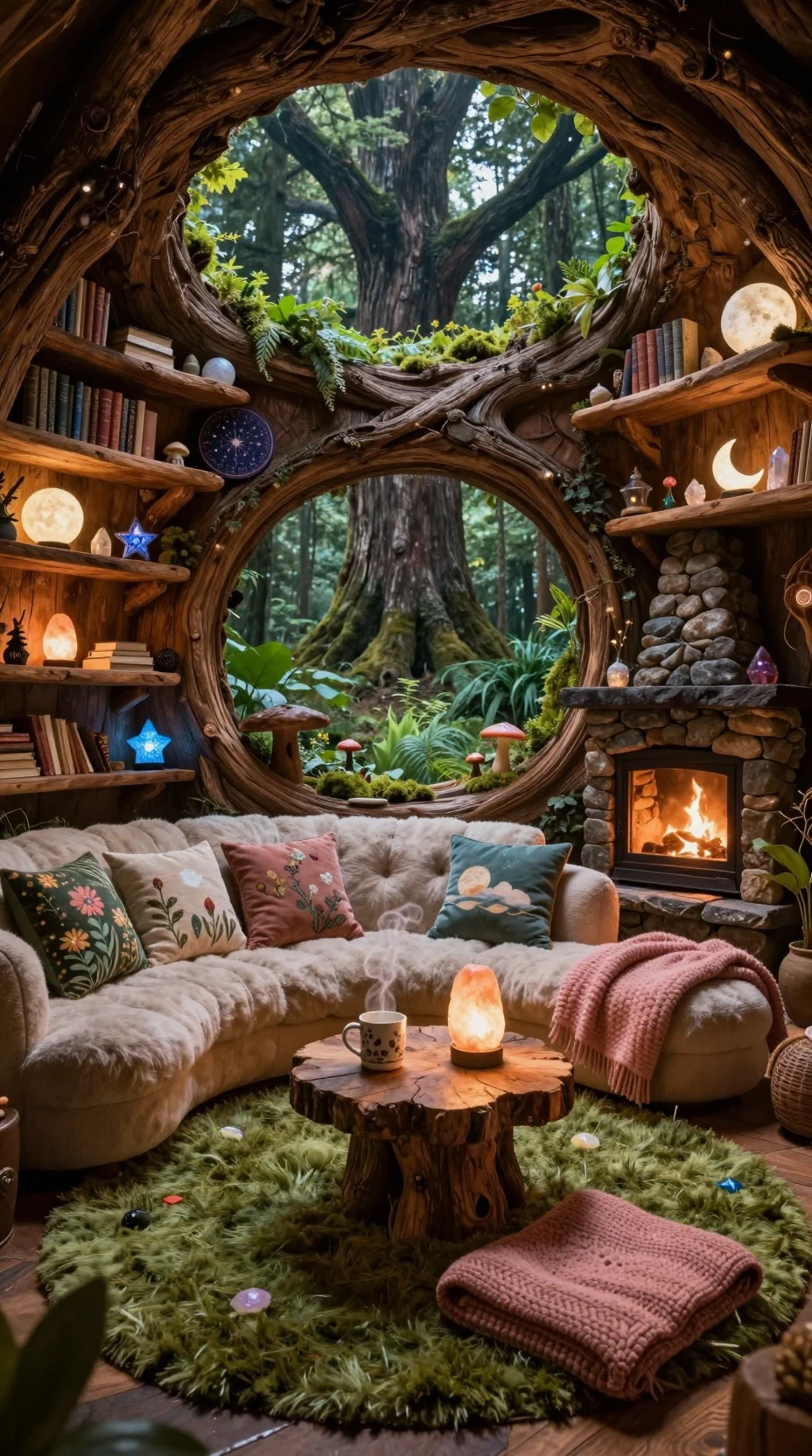 Cozy Fantasy Tree Living Room Above A Night Forest