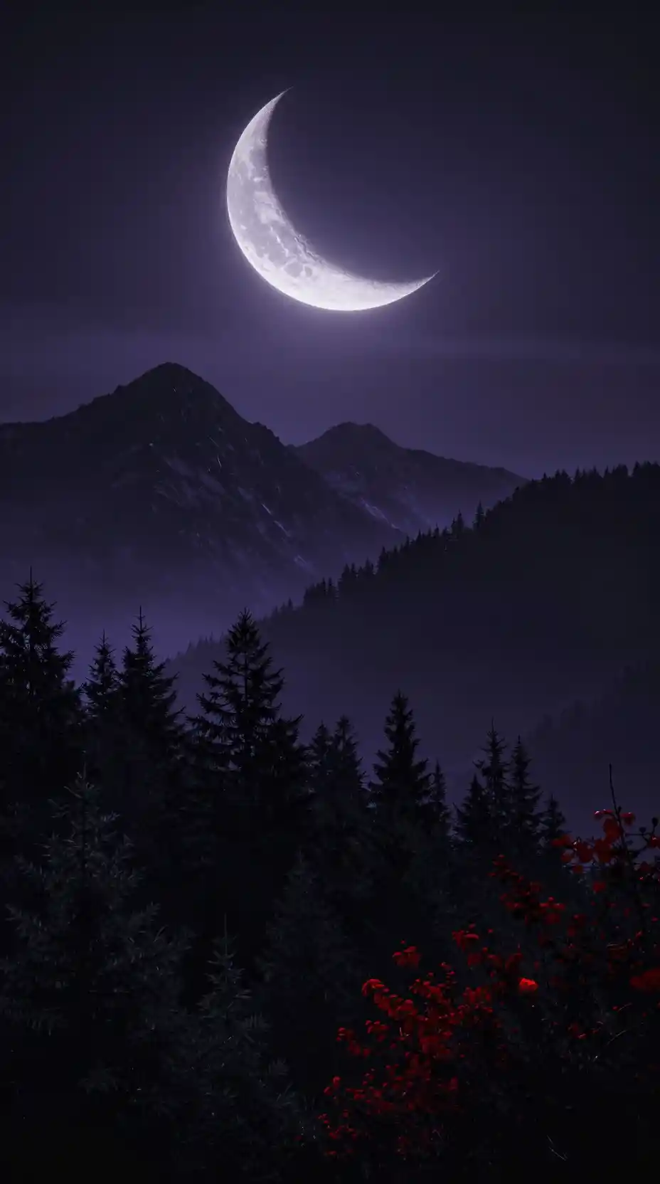 Paisagem montanhosa escura sob uma lua crescente gigante