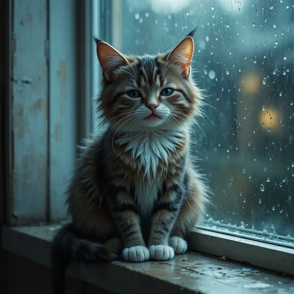 Chat triste sur un rebord de fenêtre sous la pluie avec de doux reflets