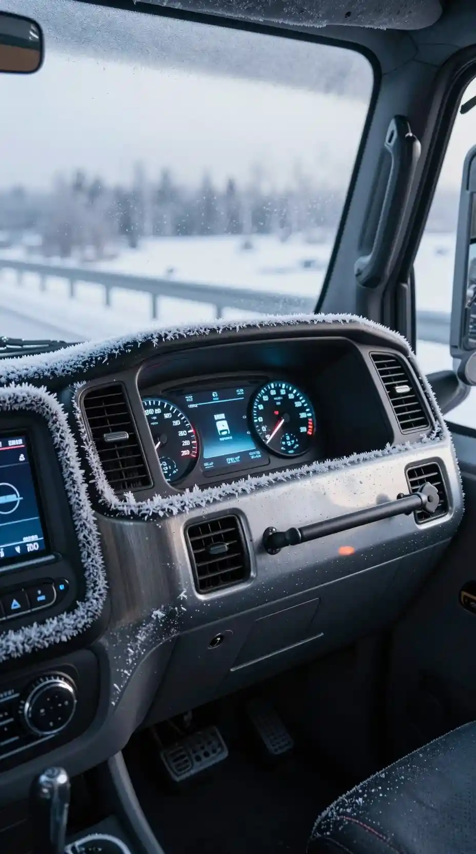 Frozen truck dashboard with frosty windshield and cold highway view