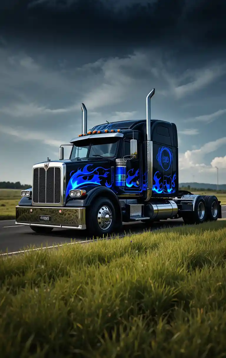 Black semi truck with blue flames on quiet country road