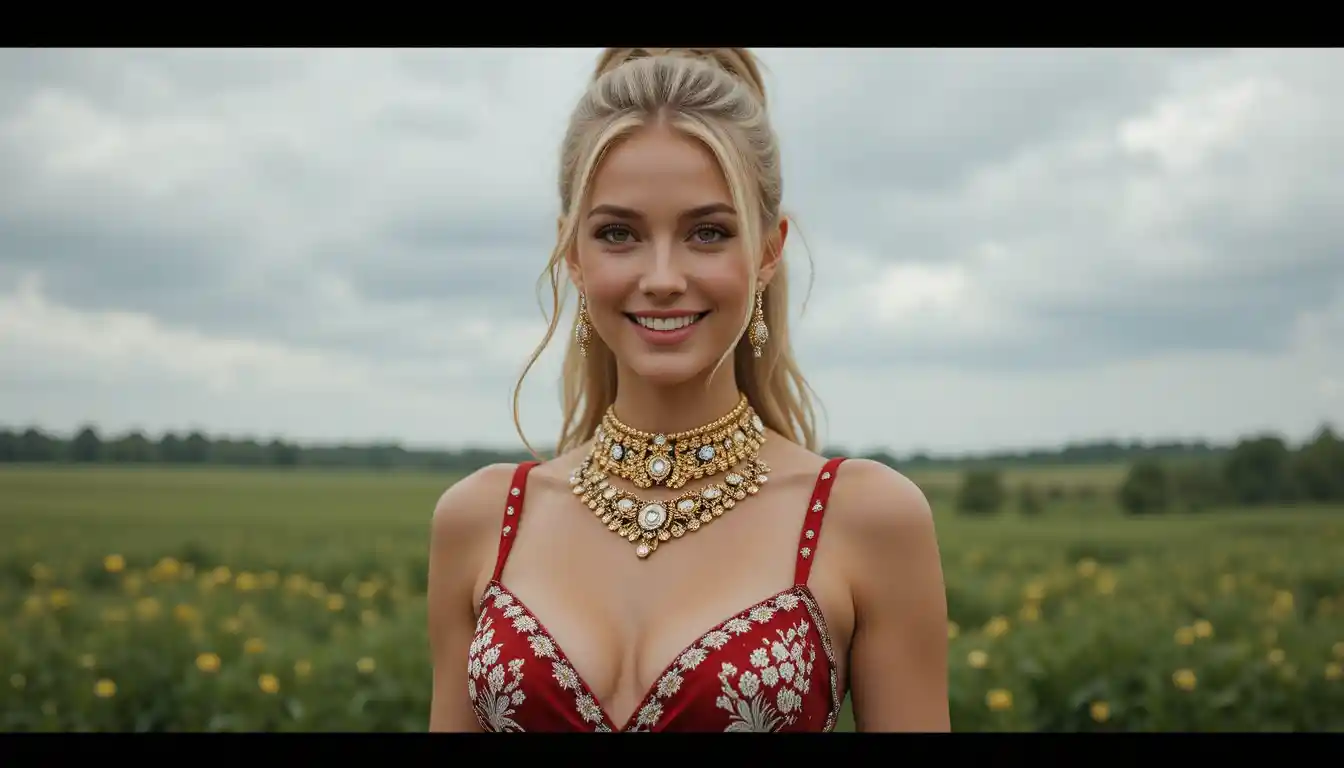 Smiling blonde woman in red dress on grassy field