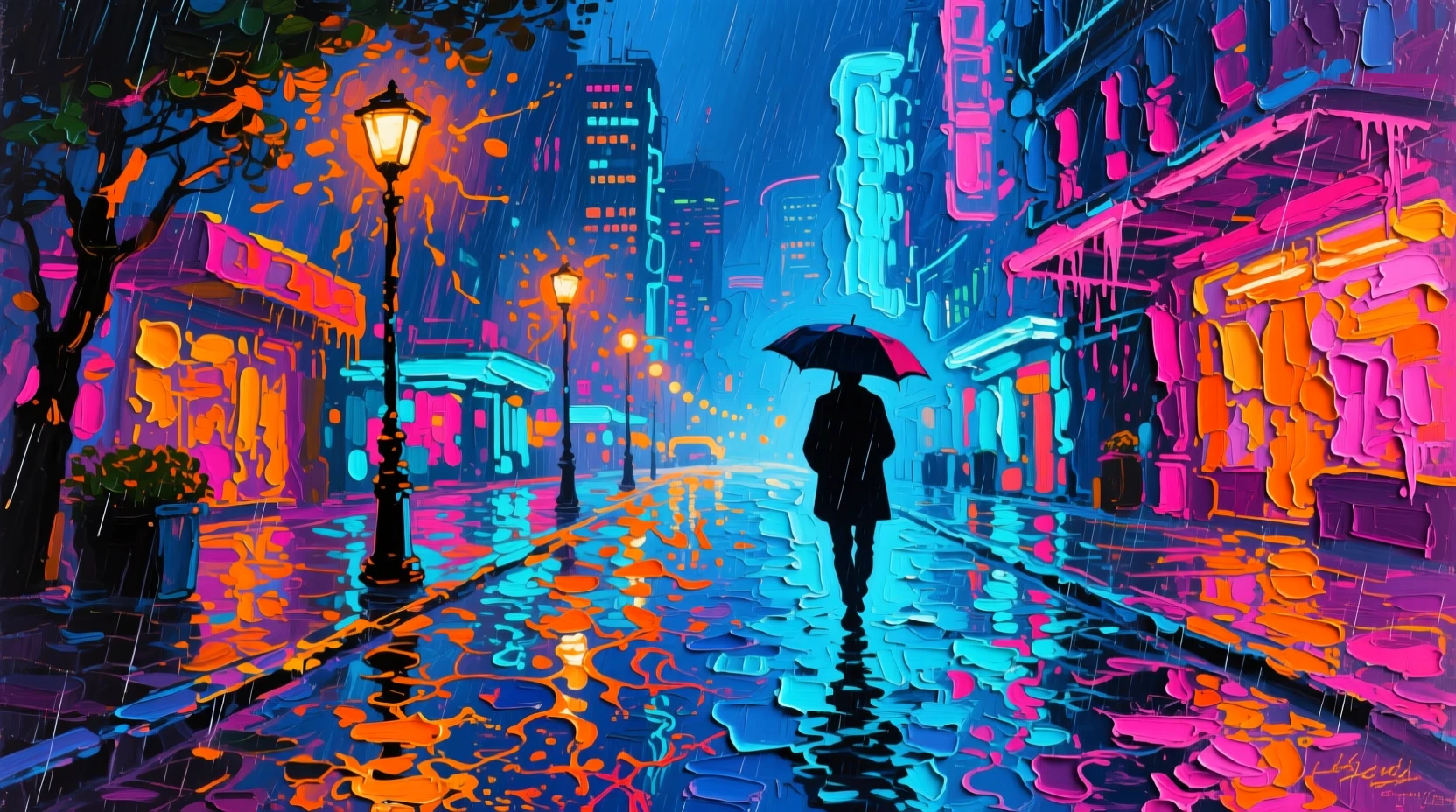 Strada cittadina al neon sotto la pioggia con solitaria silhouette sotto l’ombrello