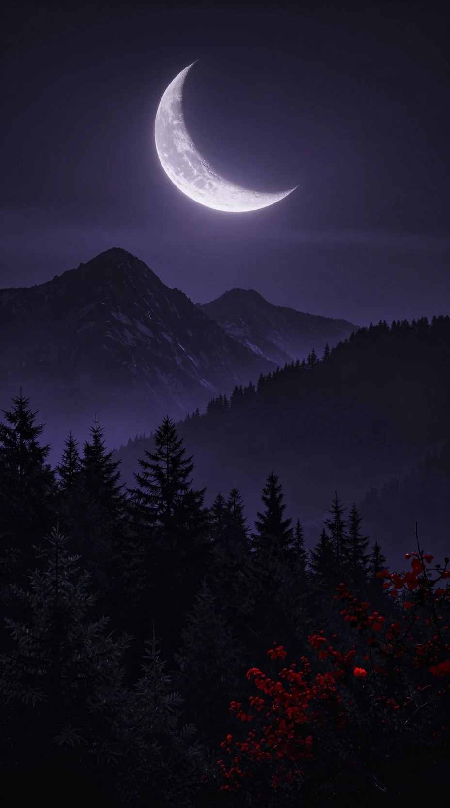 Paisagem montanhosa escura sob uma lua crescente gigante
