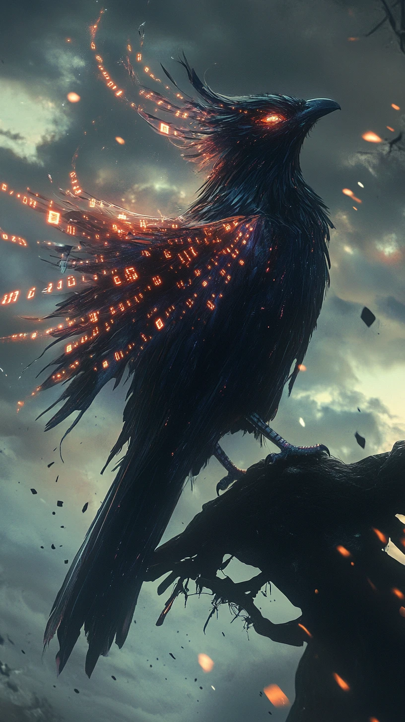 Futuristic neon bird perched against stormy digital sky