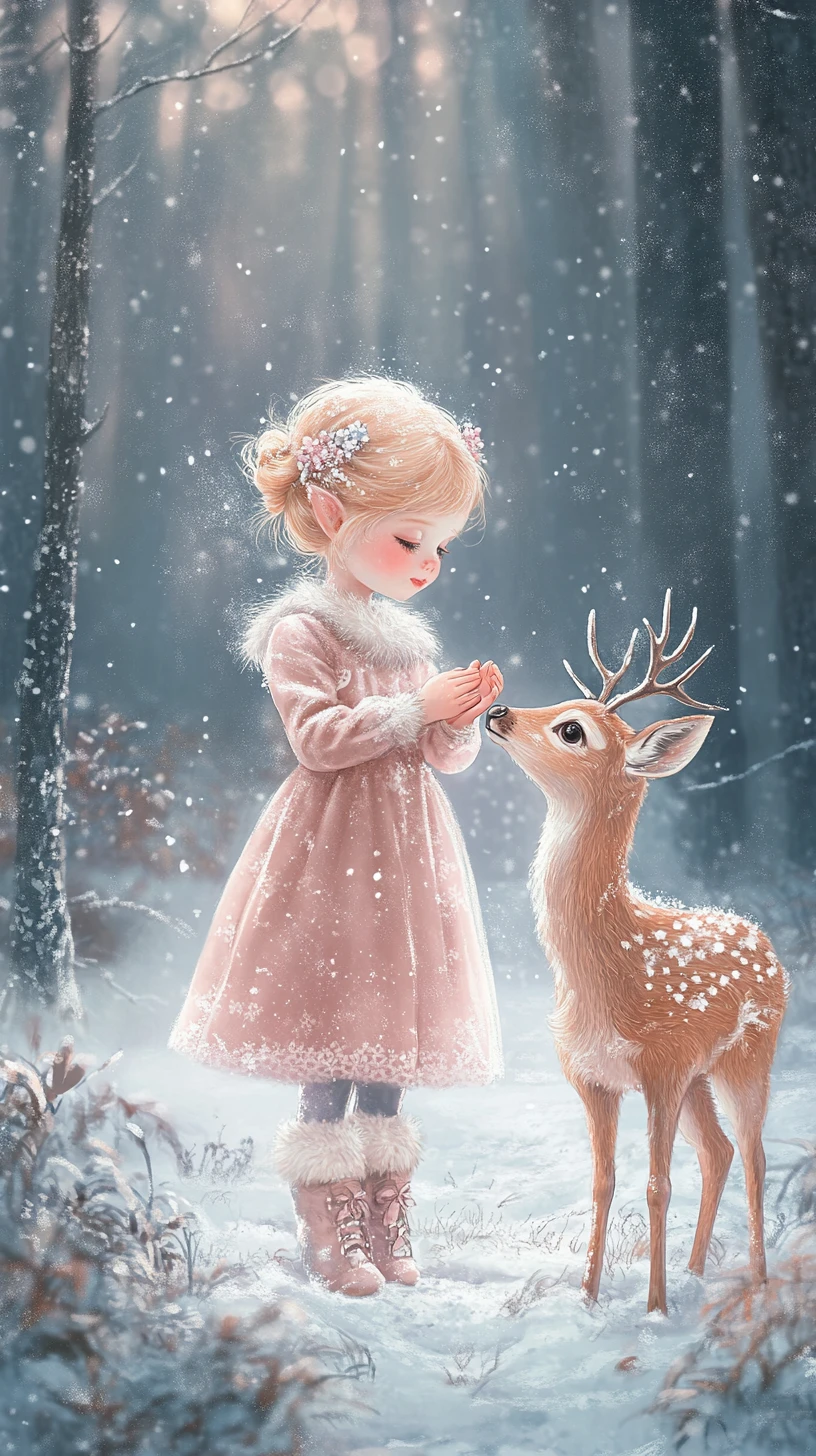 Winter fairy girl with deer in a quiet snowy forest