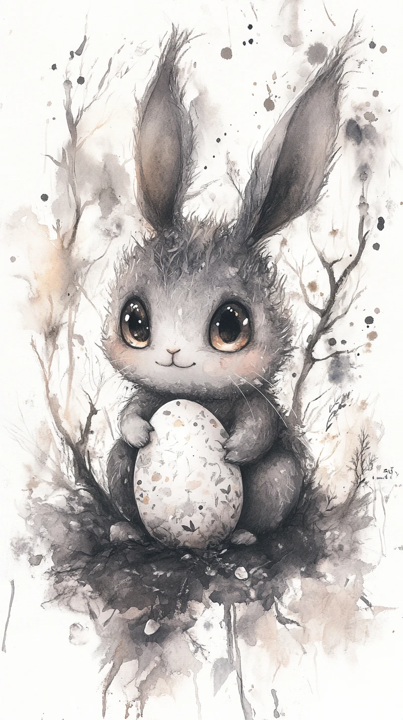 Coelho fantasioso em aquarela com ovo de Páscoa em fundo branco