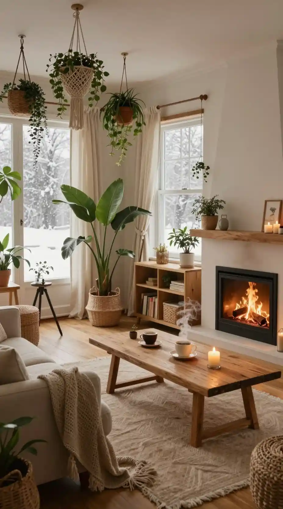 Cozy boho living room with fireplace and winter daylight