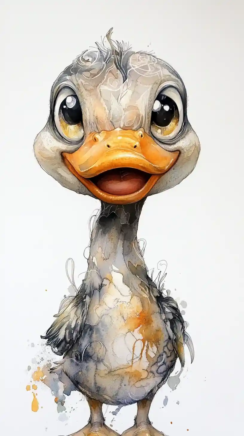 Aquarela dos sonhos em close de um patinho sorridente e minúsculo