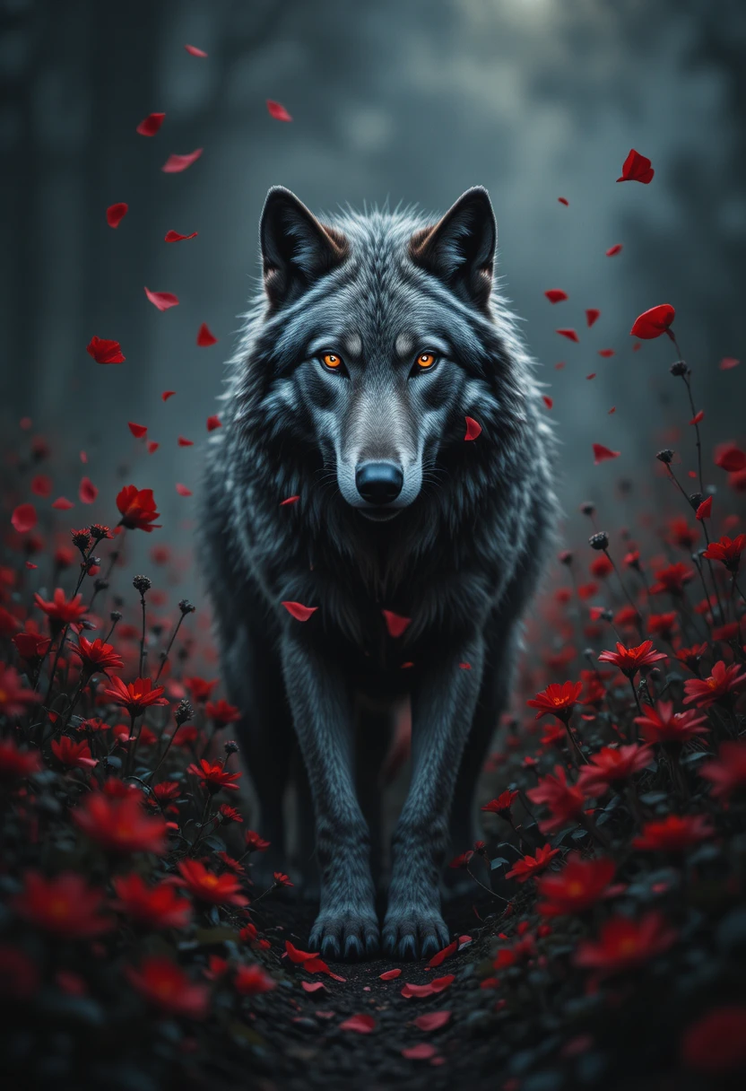 Lobo solitário em campo de flores silvestres carmesim – retrato