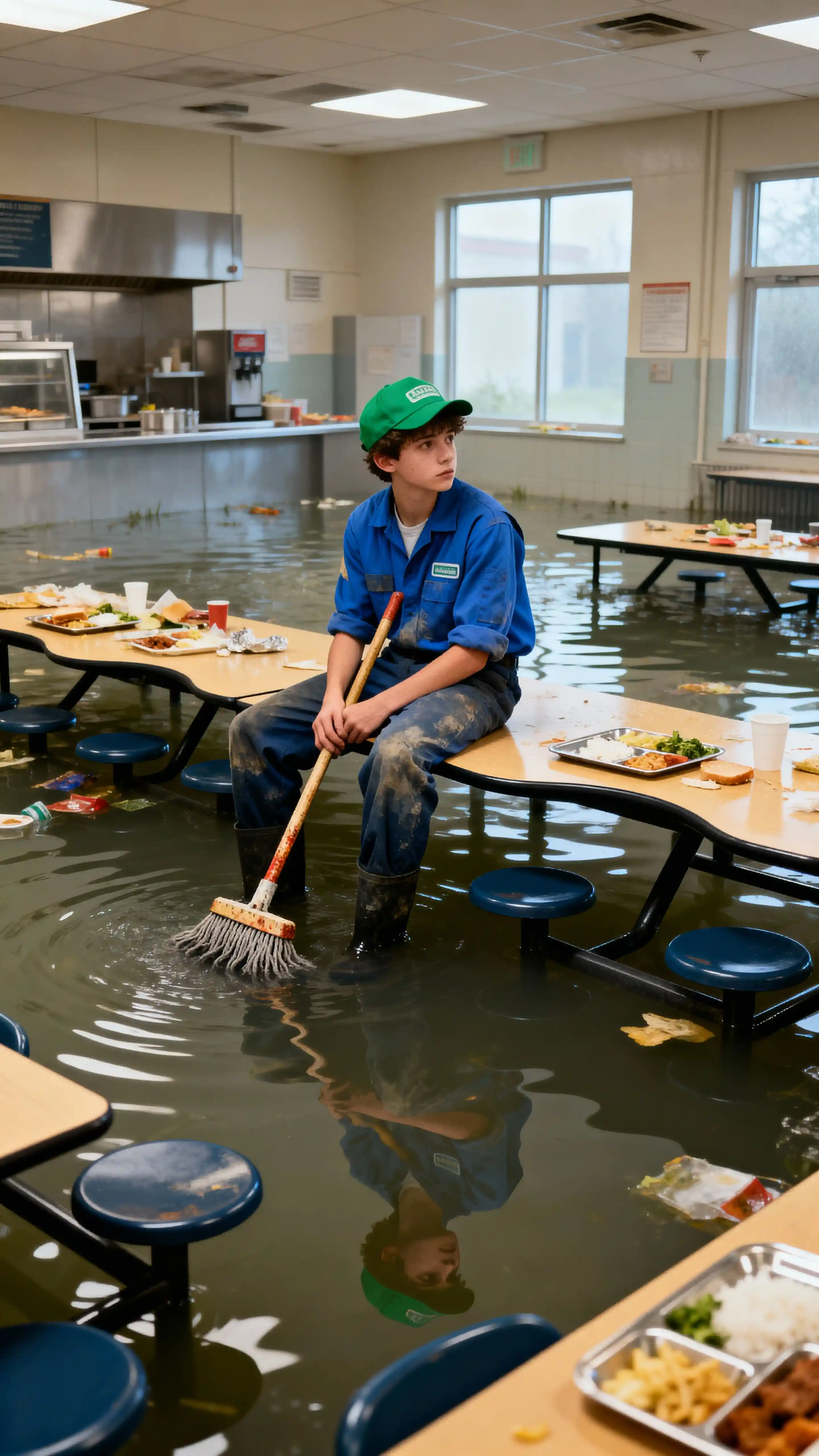 Teenage janitor on a desk in a flooded cafeteria
