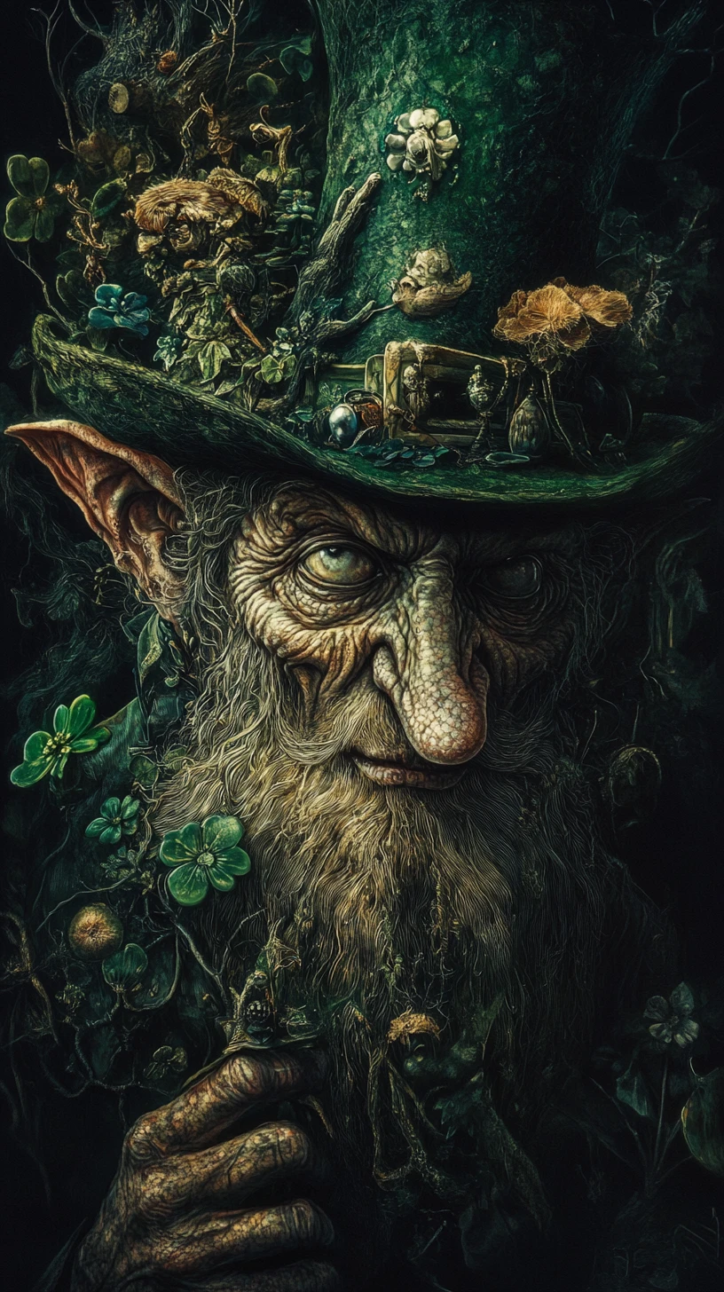 Leprechaun surreale in una cupa scena fantasy da fiaba