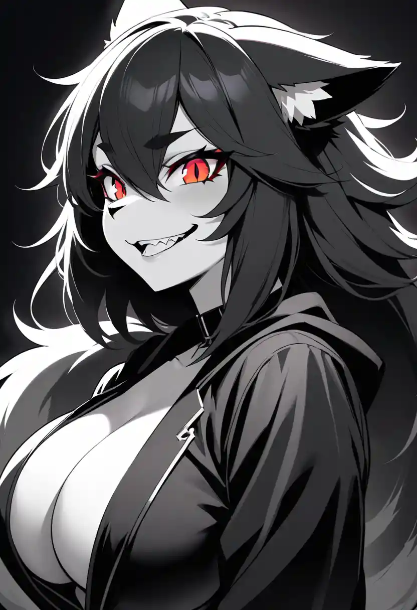 Femme renard noire gothique aux yeux rouge doré lumineux