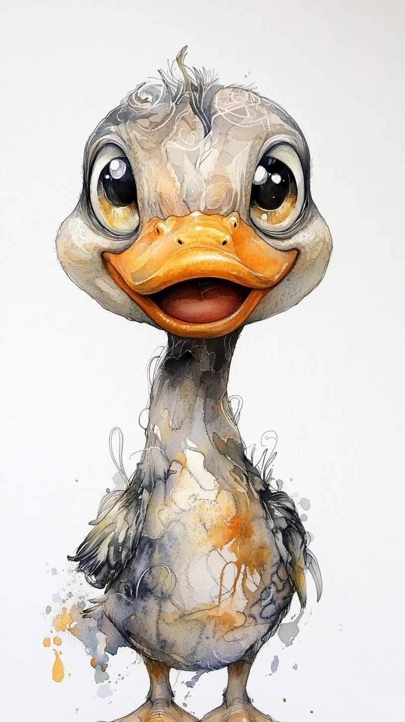 Aquarela dos sonhos em close de um patinho sorridente e minúsculo